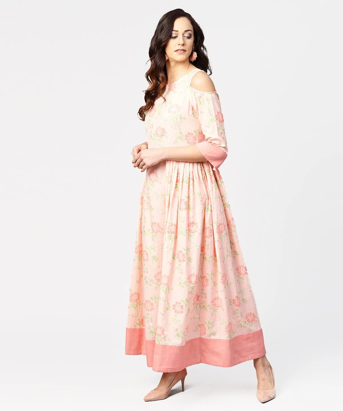 Peach Printed 3/4Th Cold Shoulder Sleeve Maxi Dress