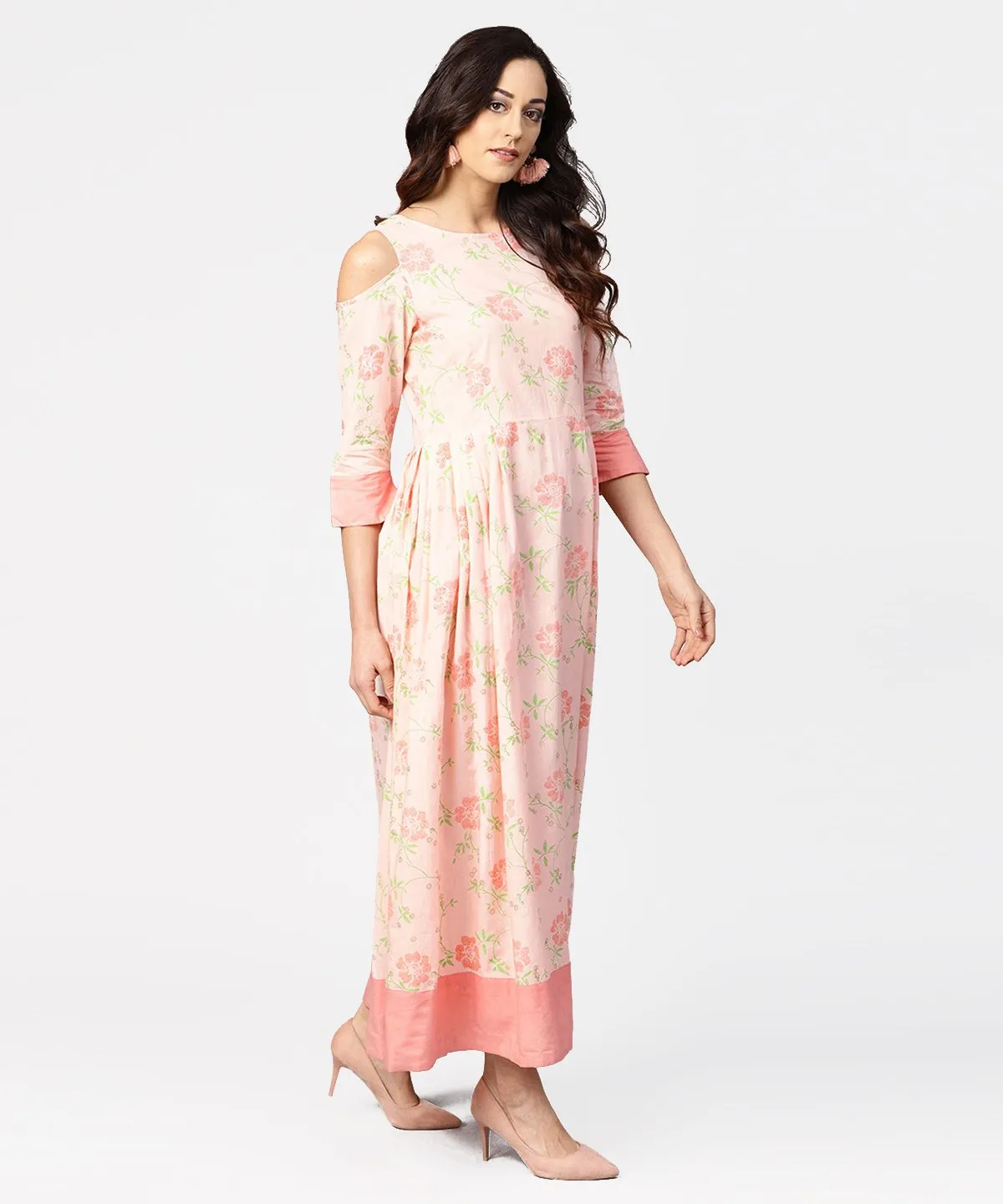 Peach Printed 3/4Th Cold Shoulder Sleeve Maxi Dress