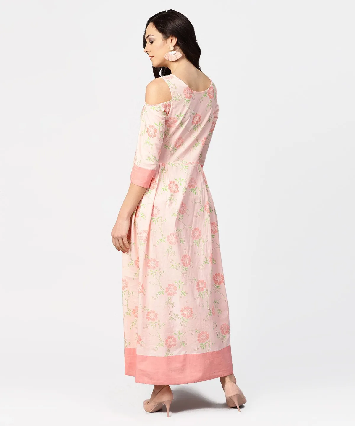 Peach Printed 3/4Th Cold Shoulder Sleeve Maxi Dress