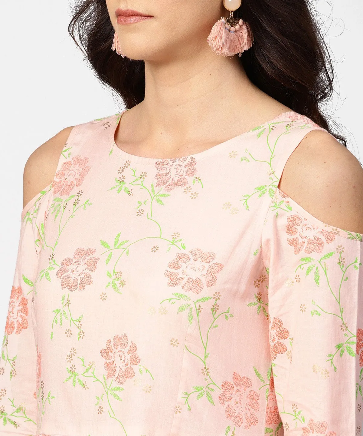 Peach Printed 3/4Th Cold Shoulder Sleeve Maxi Dress