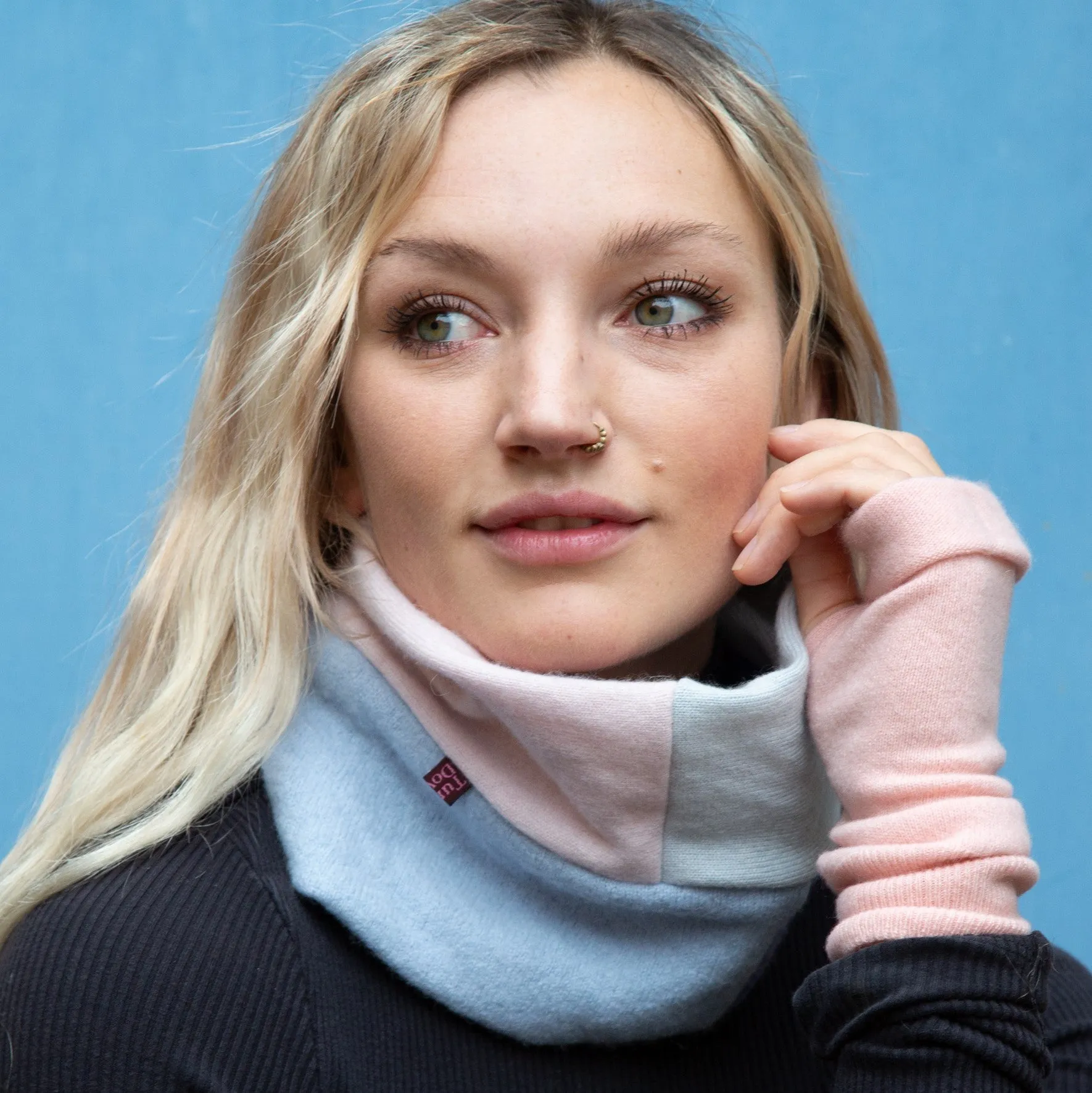 Pearlescent Neckwarmer and Baby Pink Fingerless Gloves