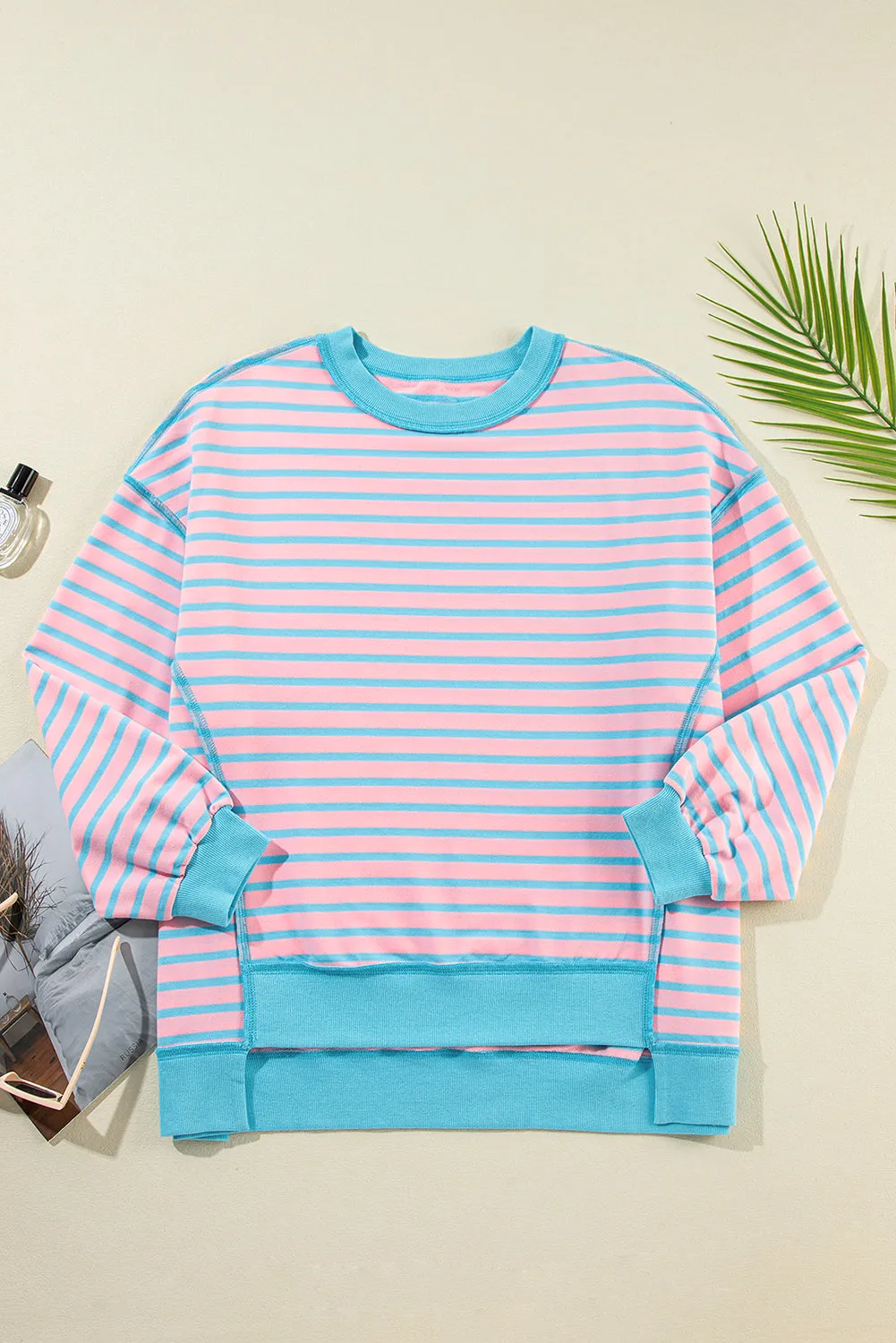 Pink Stripe Contrast Trim High Low Pullover Tunic Sweatshirt