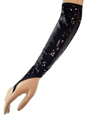 Plus Size Sequinned Long Black Fingerless Costume Gloves