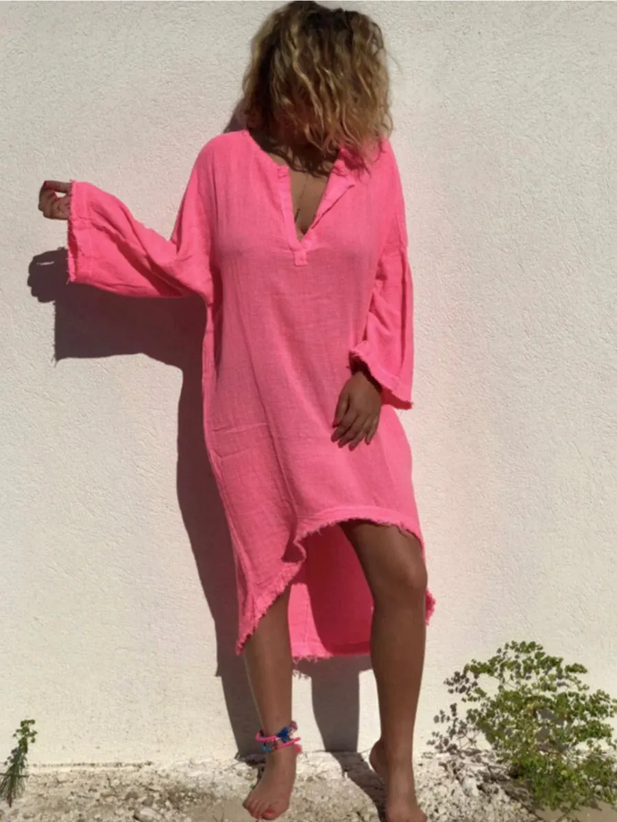 Plus Size V Neck Pink Beach Solid Dresses