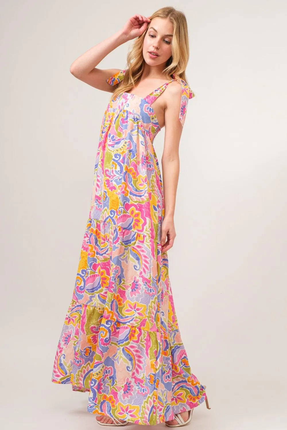 Printed Tie Shoulder Tiered Maxi Dress