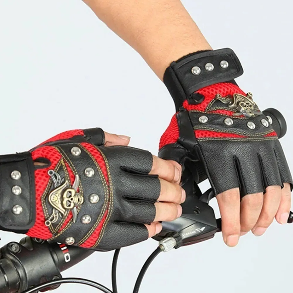 PU Leather Skull Punk Black Driving Motorcycle Biker Fingerless Gloves Mens Womens Gloves Gift