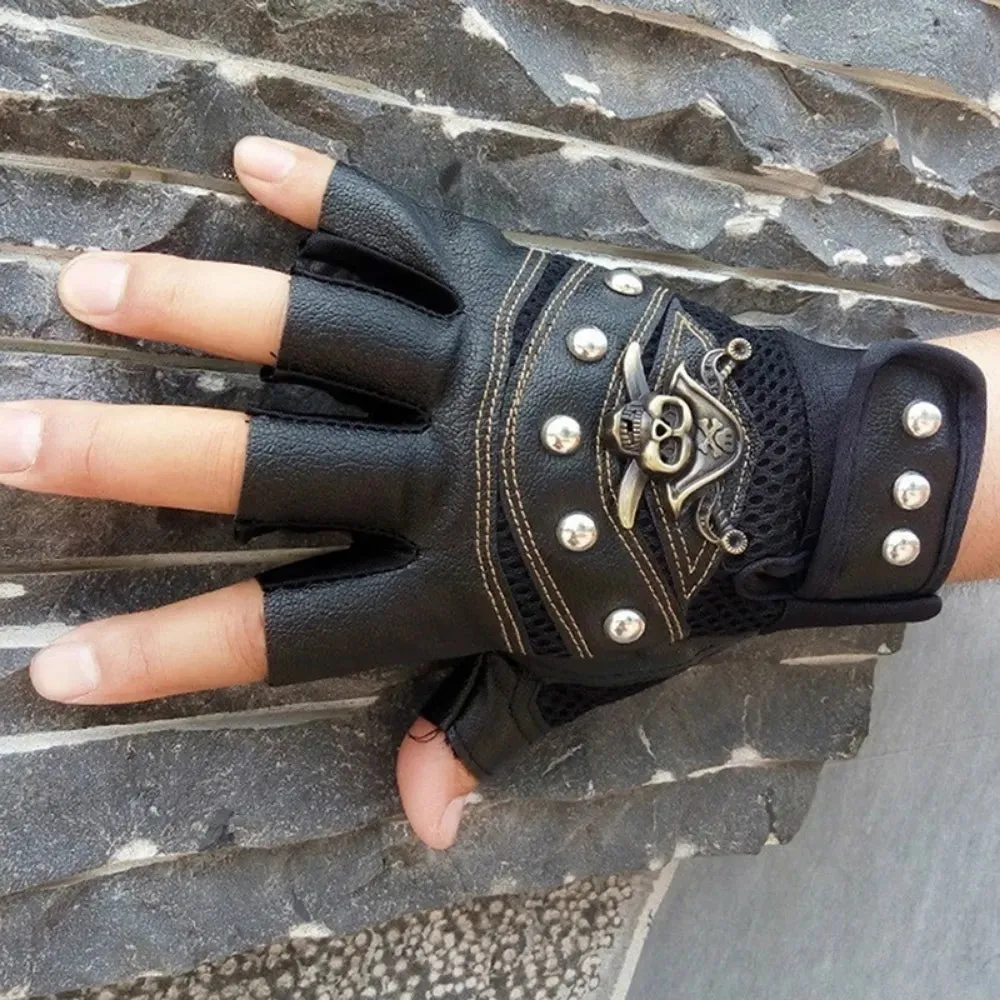 PU Leather Skull Punk Black Driving Motorcycle Biker Fingerless Gloves Mens Womens Gloves Gift