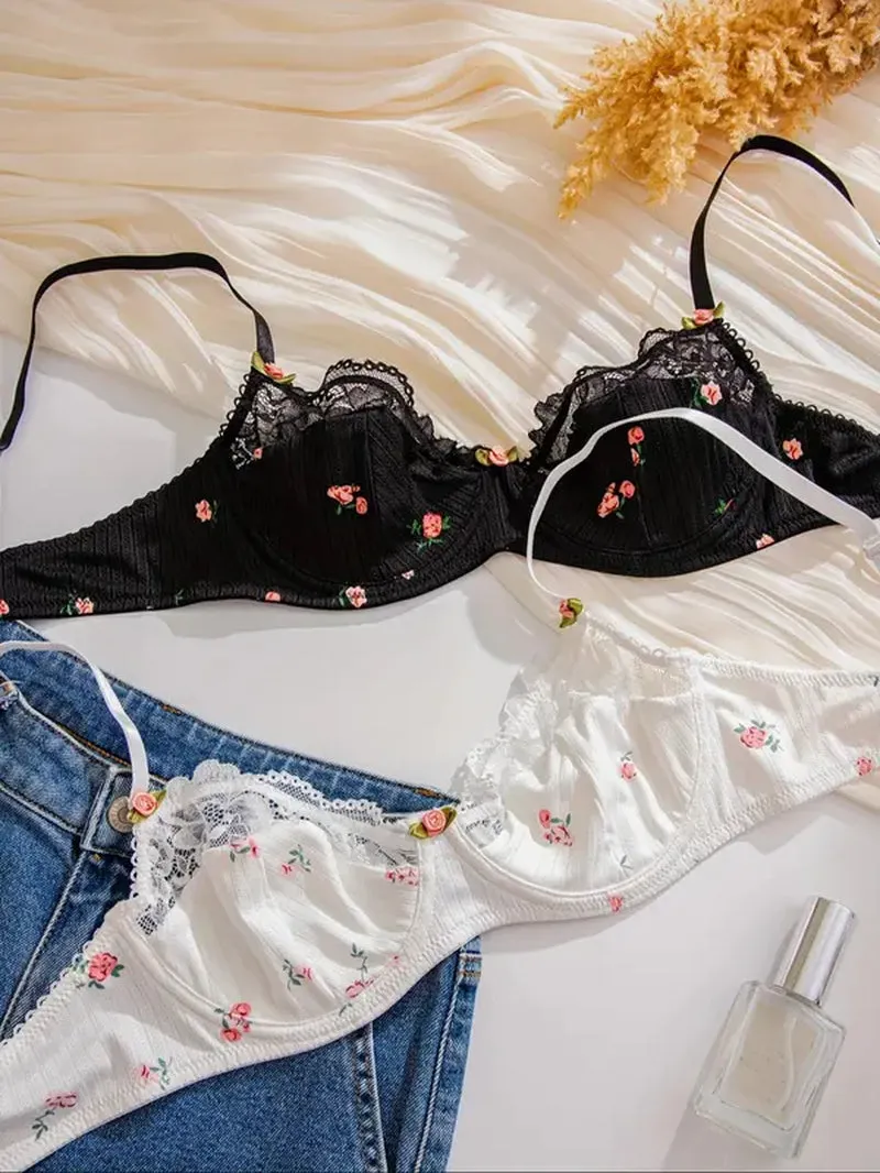 "Floral Heart Lace Push-Up Bra Set - Sexy Sheer Lingerie for Women"