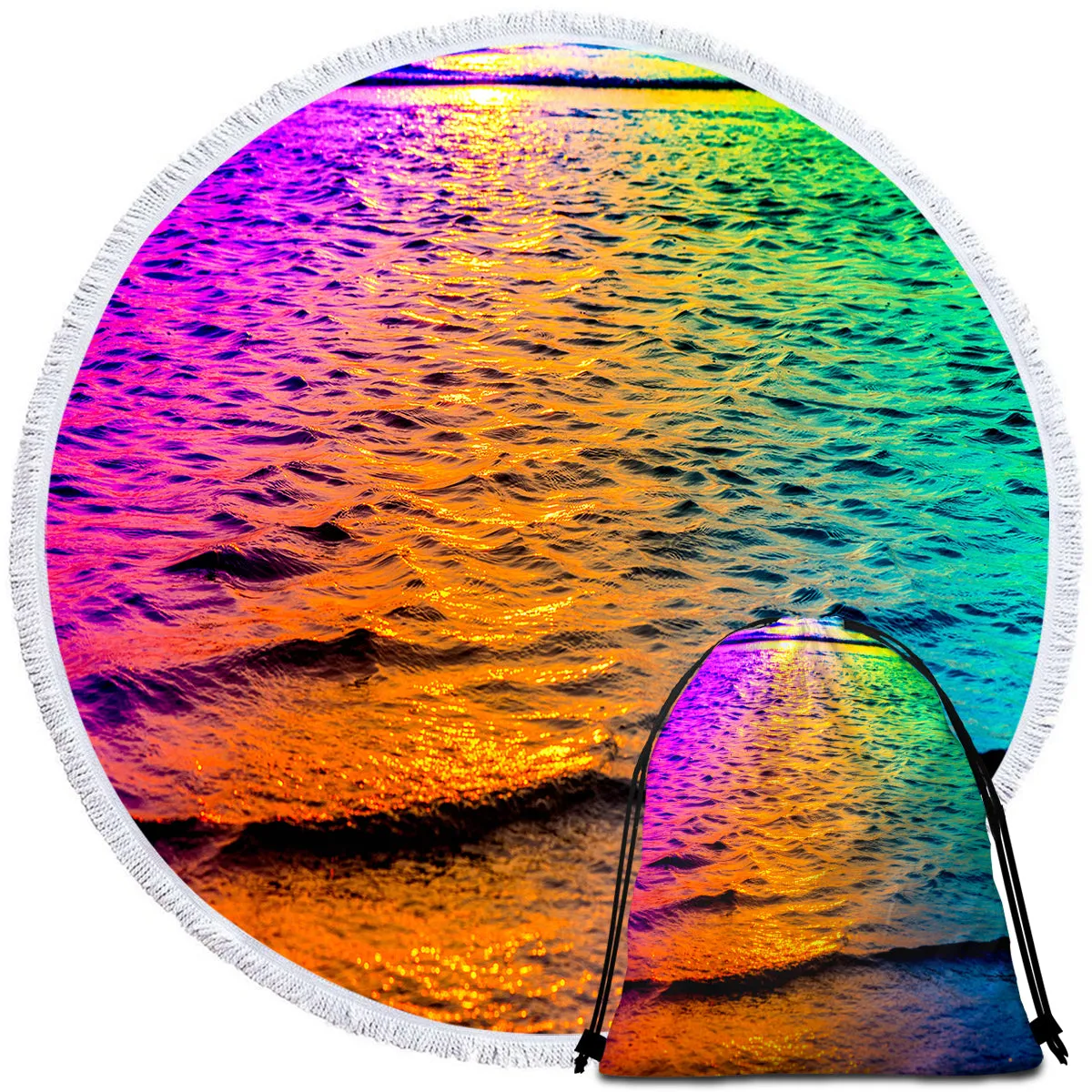 Rainbow Waves Round Beach Towel