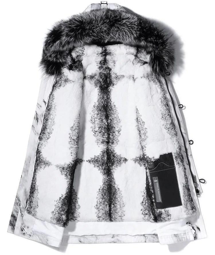 Real Rabbit Fur Liner Fox Fur Parka Marble Coat