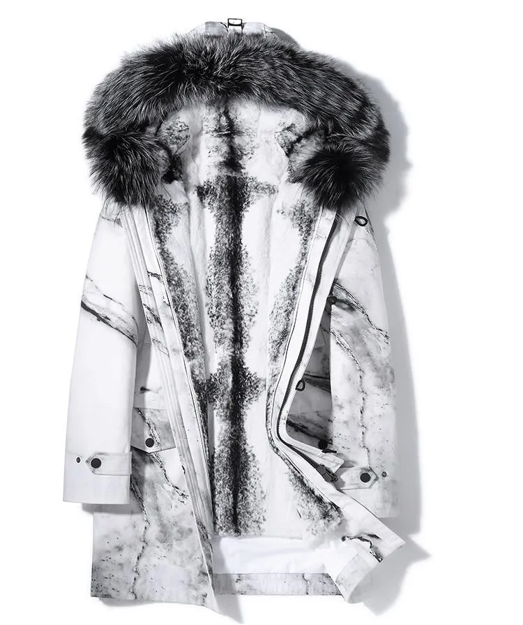 Real Rabbit Fur Liner Fox Fur Parka Marble Coat