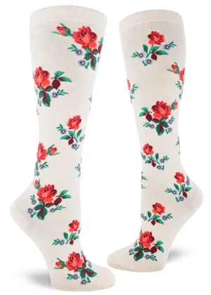 Red Roses on Cream Women's Knee High Socks