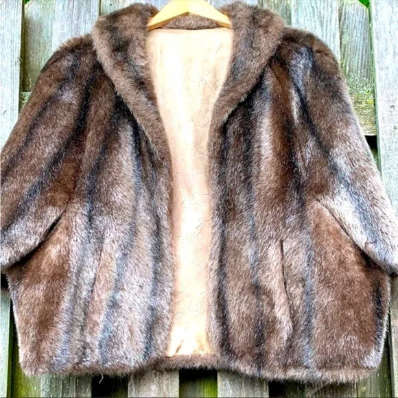 REGINA GLENARA GLENOIT Vintage Brown Black Faux Mink Fur Cape Coat