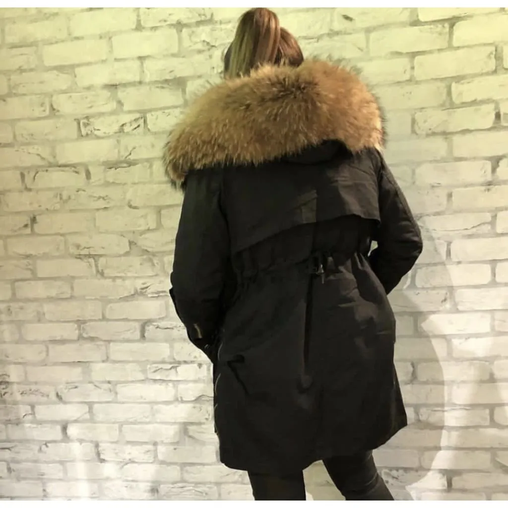 Removable Fur Hood Parka Black   Black Zips