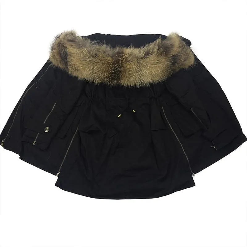 Removable Fur Hood Parka Black   Black Zips