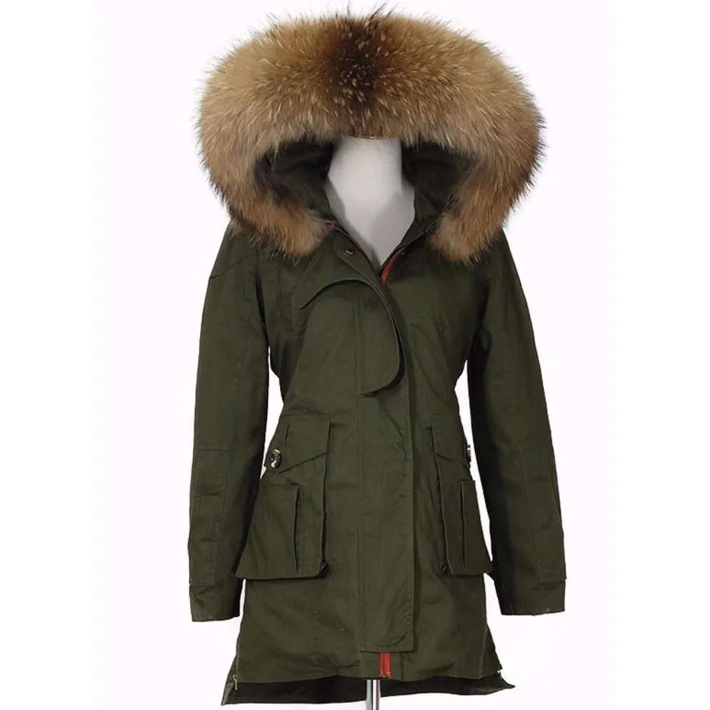 Removable Fur Hood Parka Green   Red Zips