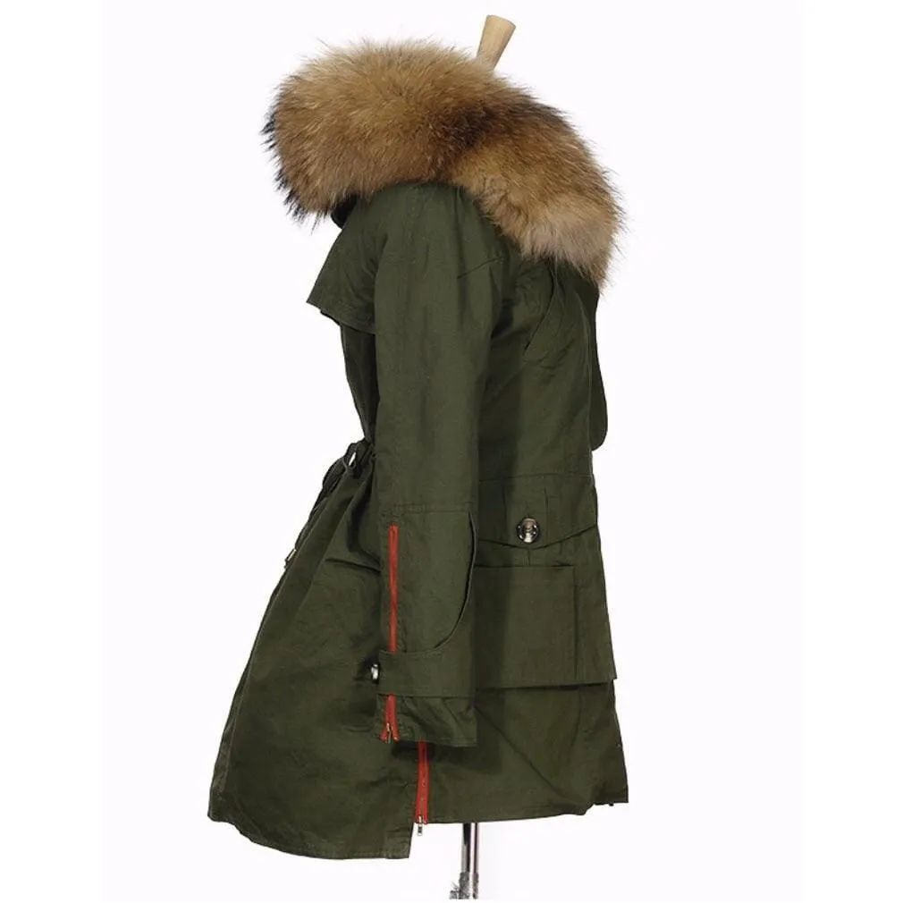 Removable Fur Hood Parka Green   Red Zips