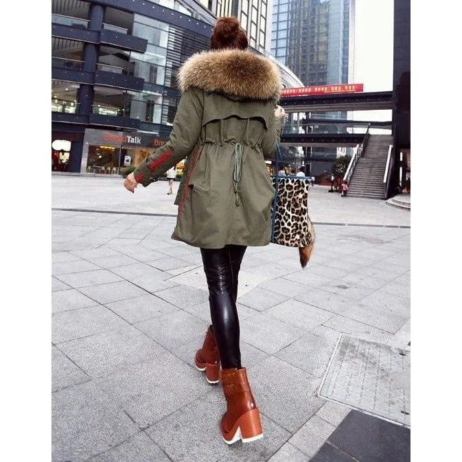 Removable Fur Hood Parka Green   Red Zips