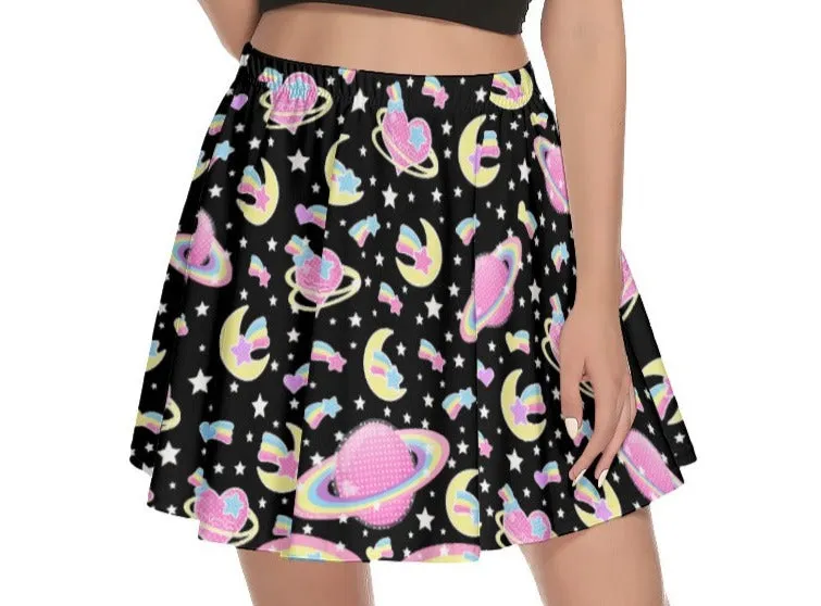 Saturn's Wish Black Mini Skater Skirt