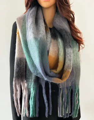 SEA GREEN CHECKED WOOL RAINBOW BLANKET SCARF OVERSIZED WINTER SHAWL WRAP