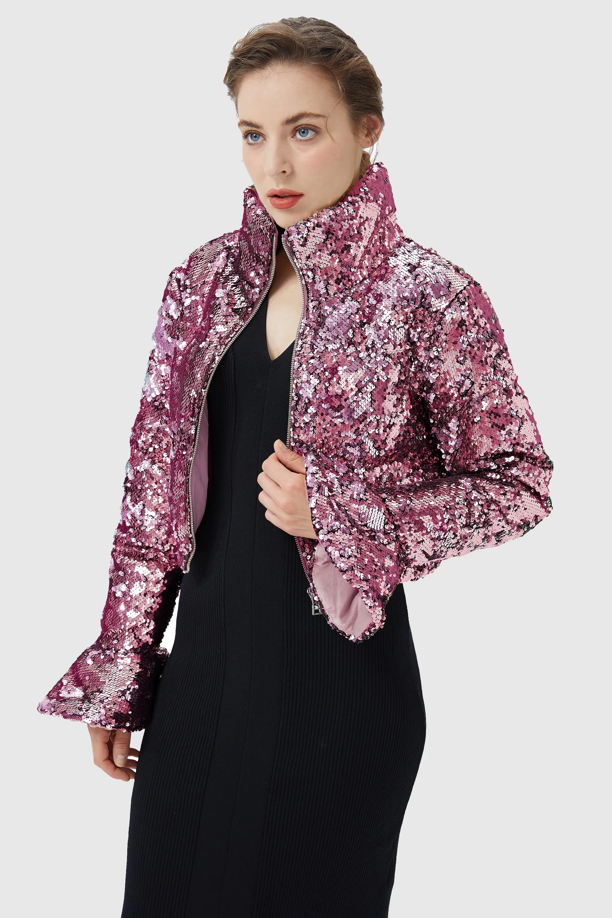 Sequin Fashion Petite Jacket with Stand Collar