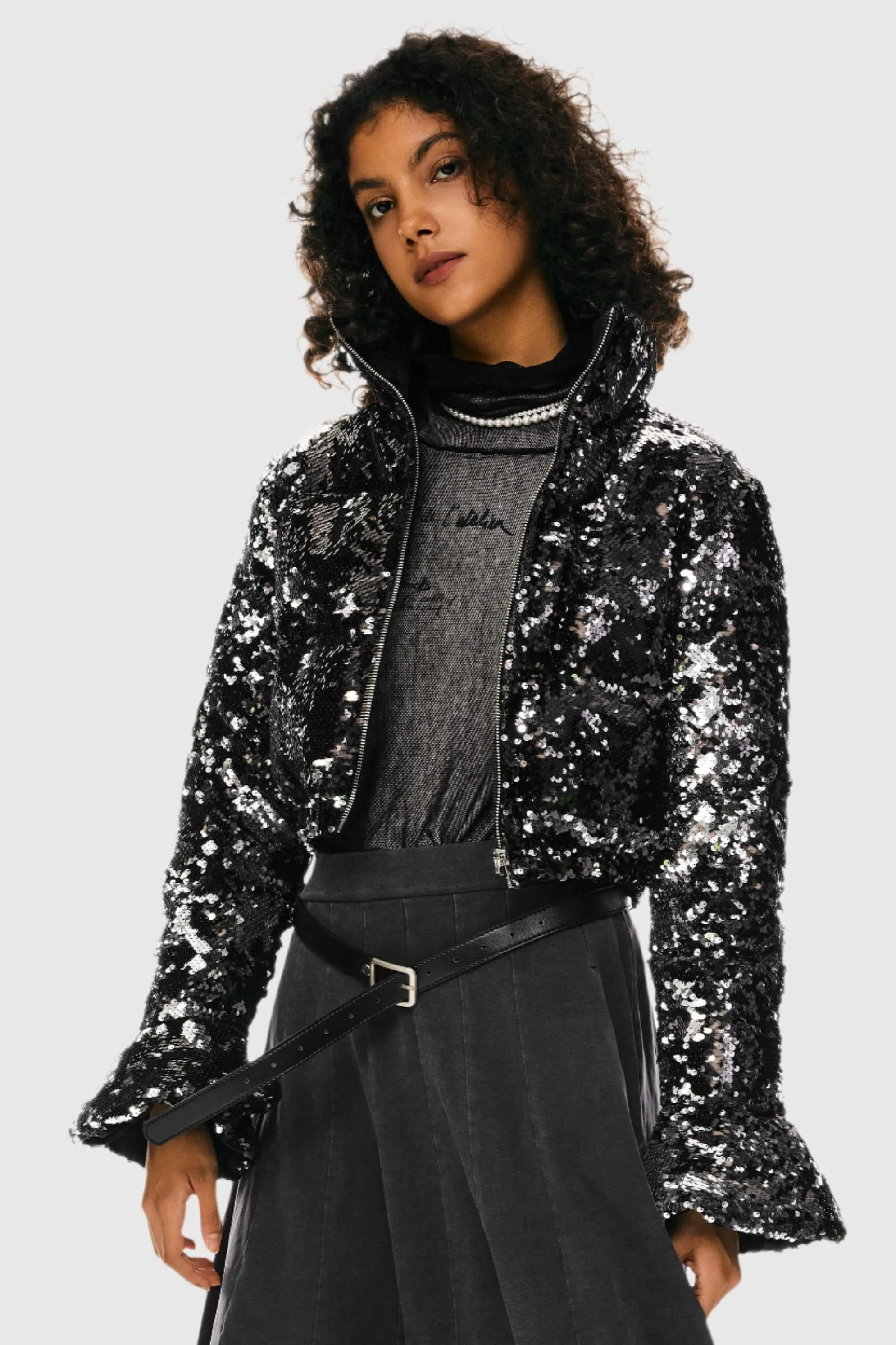 Sequin Fashion Petite Jacket with Stand Collar