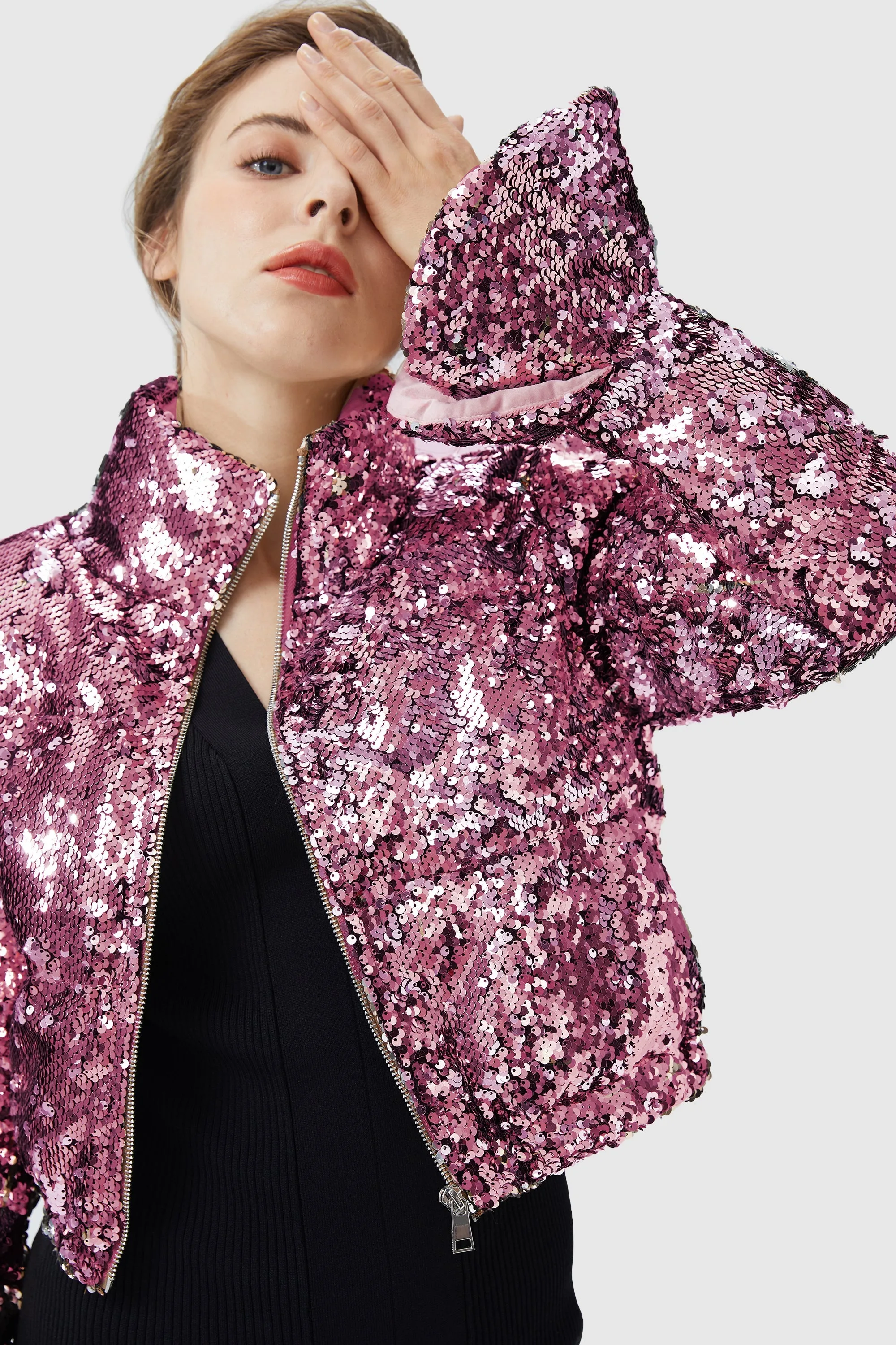 Sequin Fashion Petite Jacket with Stand Collar