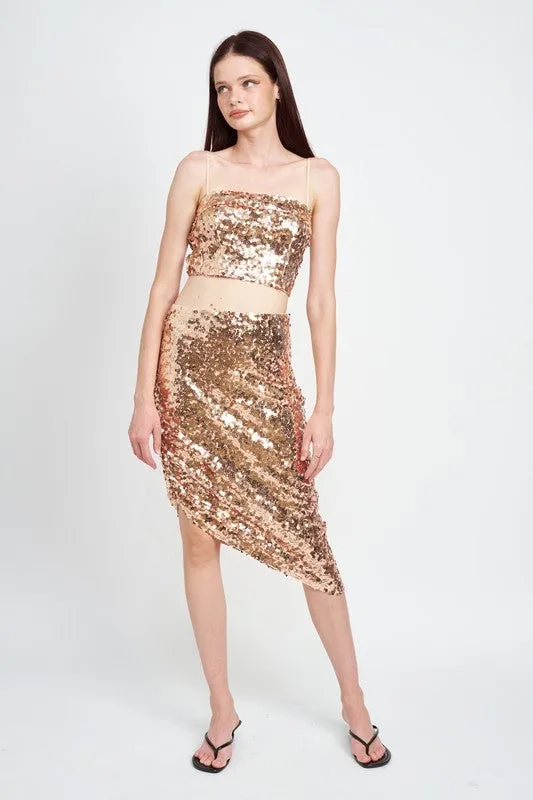 SEQUIN SHIRRED MIDI SKIRT