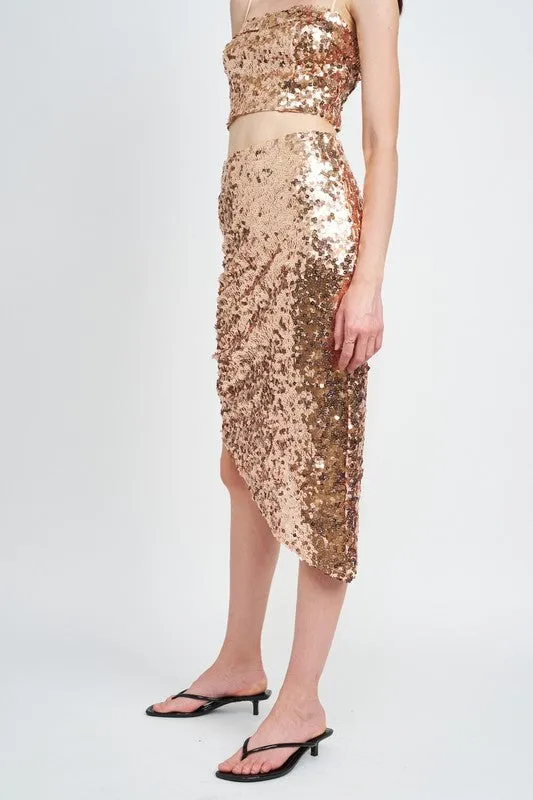 SEQUIN SHIRRED MIDI SKIRT