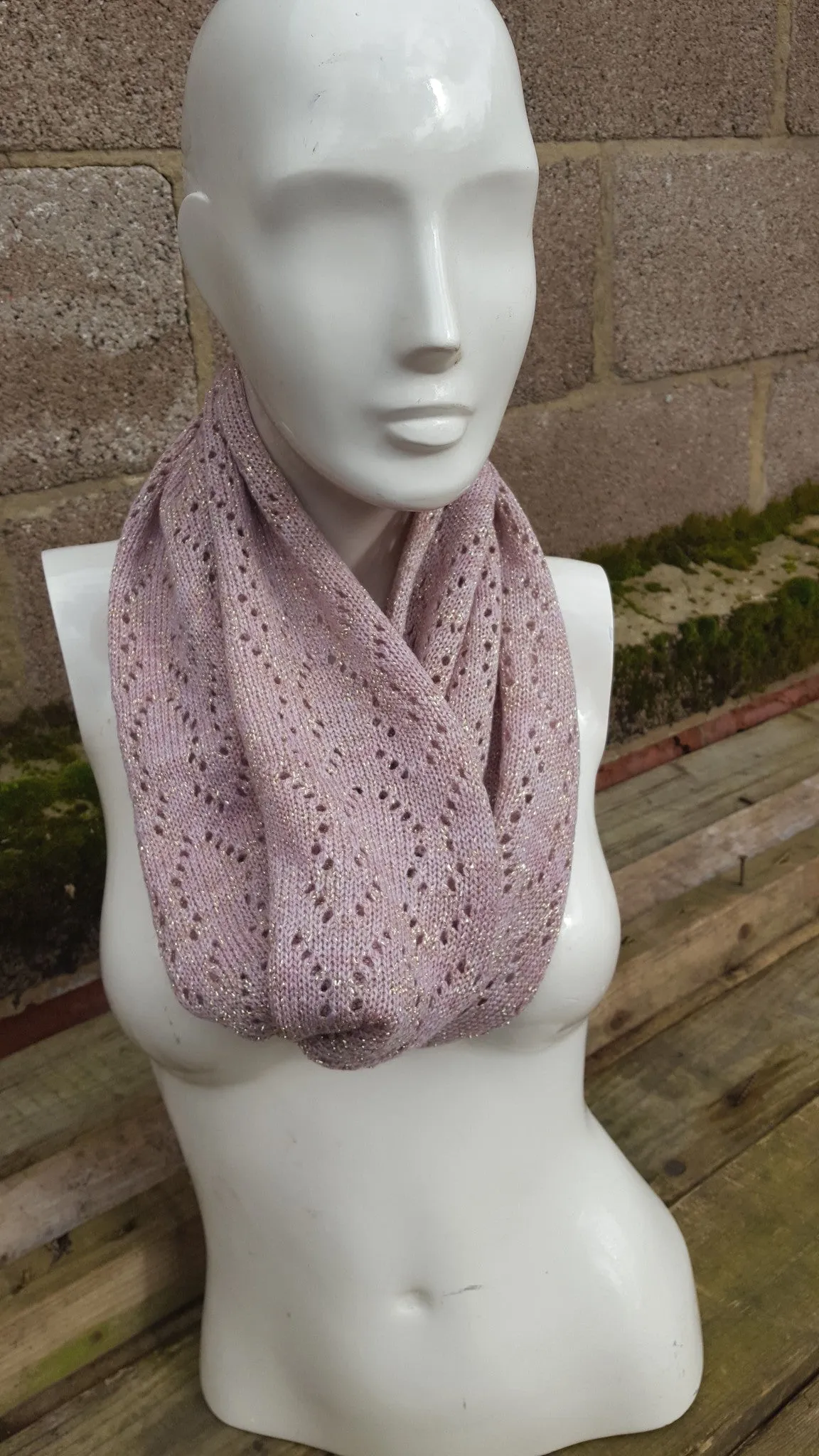 Shetland wool & Lurex lace infinty scarf, lace cowl soft pink