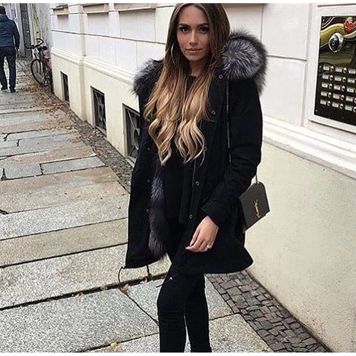 Silver Fox Fur Black Parka