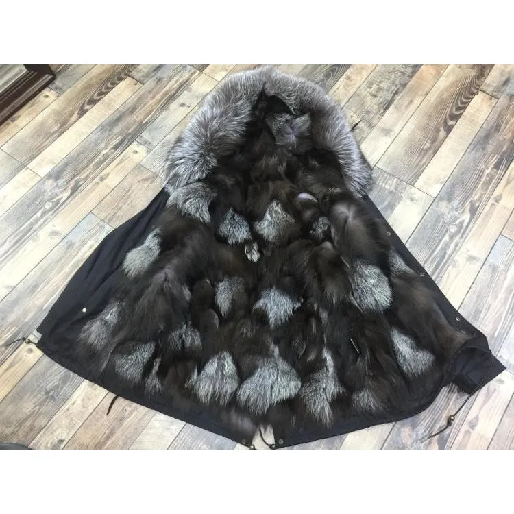 Silver Fox Fur Black Parka