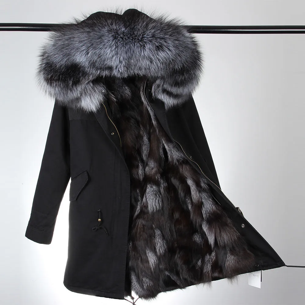 Silver Fox Fur Black Parka