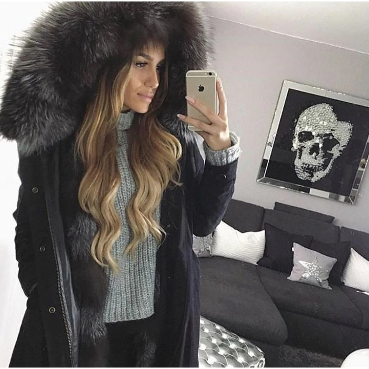 Silver Fox Fur Black Parka