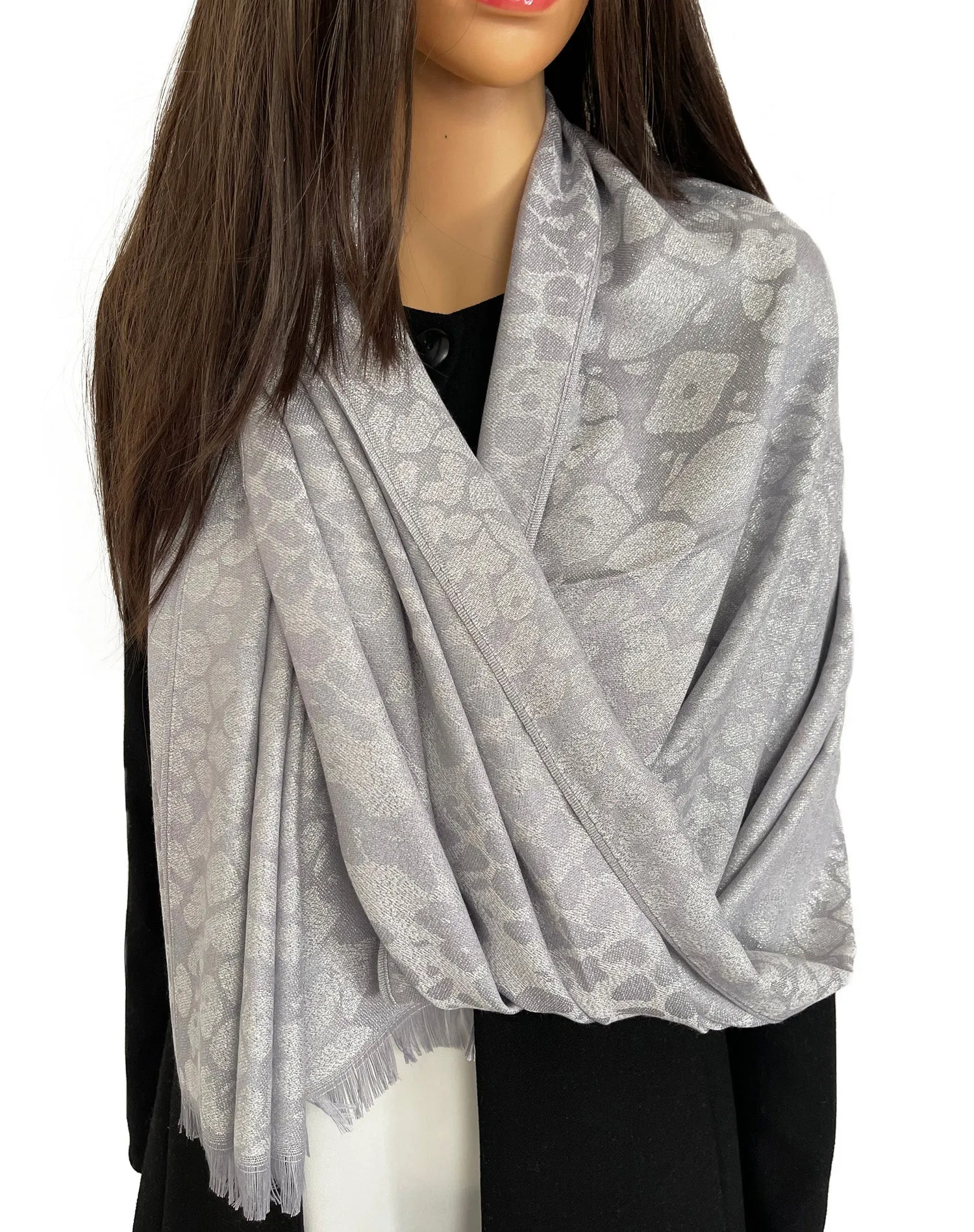 SILVER SPARKLY METALLIC LEOPARD PRINT EVENING SHAWL SCARF