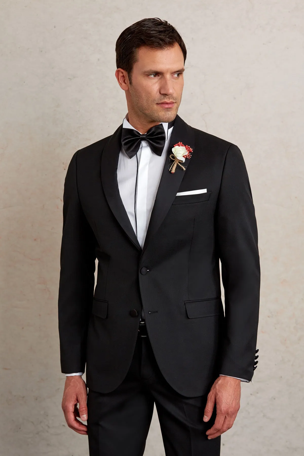 Slim Fit Black Release Shawl Lapel Wing Tip Classic Tuxedo