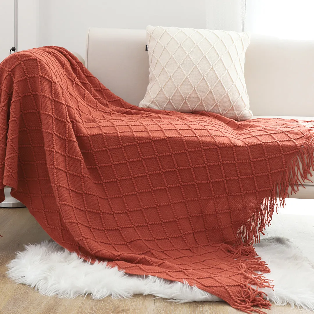 SOGA 2X Red Diamond Pattern Knitted Throw Blanket Warm Cozy Woven Cover Couch Bed Sofa Home Decor with Tassels