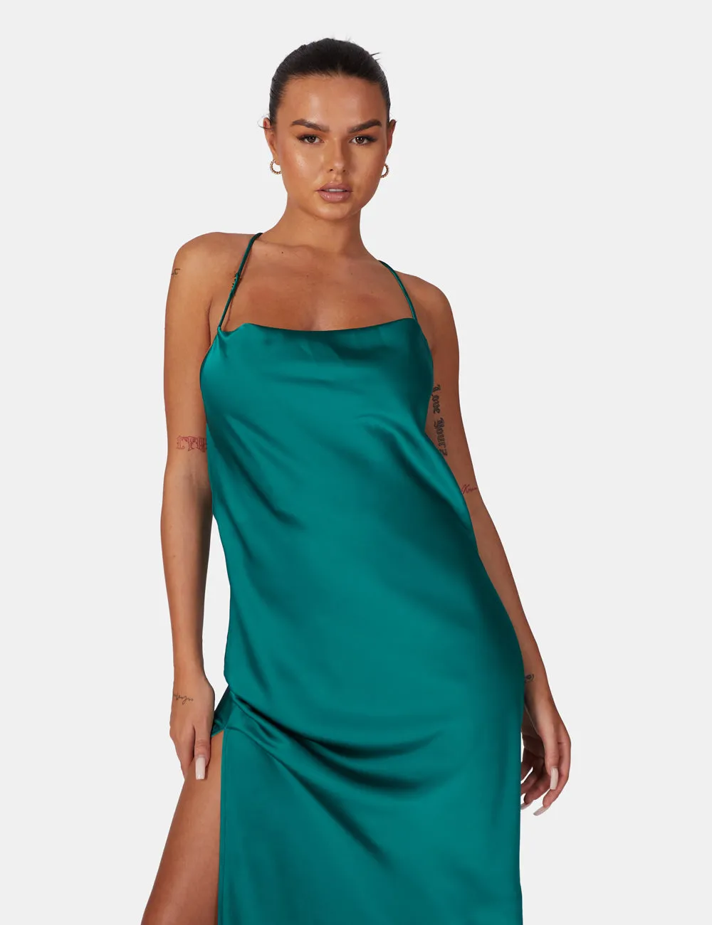 Split Hem Cowl Neck Cross Back Maxi Dress Emerald Green