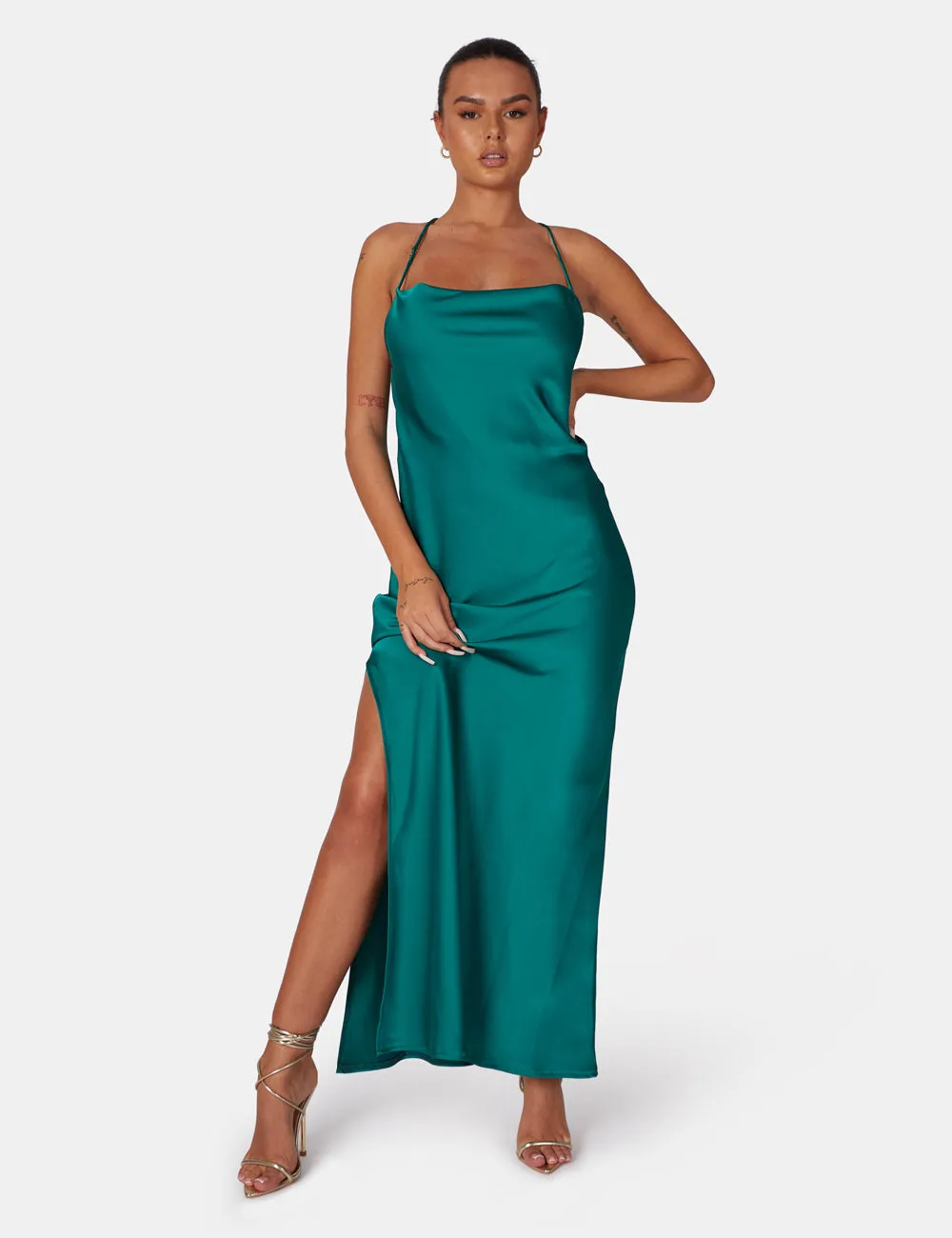 Split Hem Cowl Neck Cross Back Maxi Dress Emerald Green