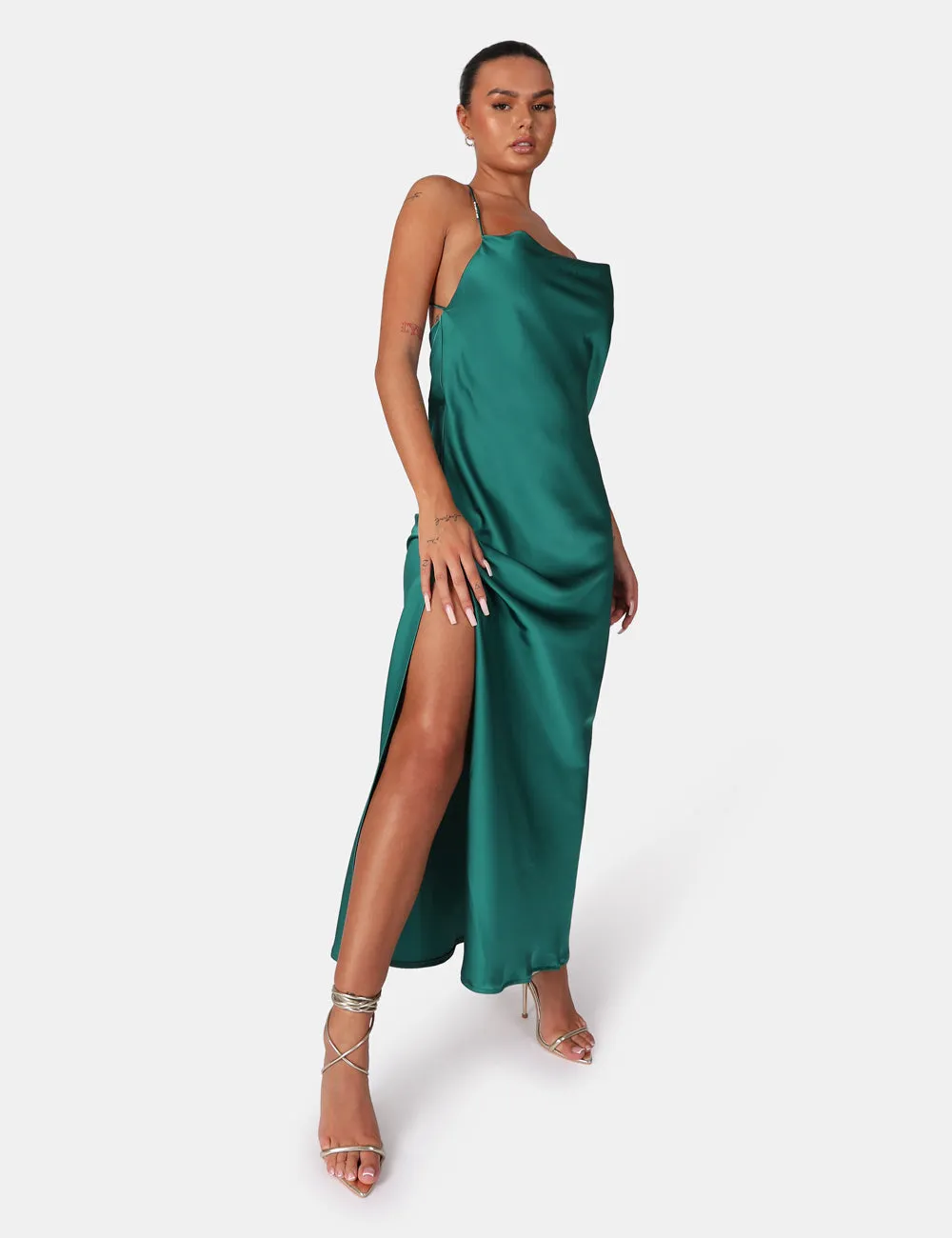 Split Hem Cowl Neck Cross Back Maxi Dress Emerald Green