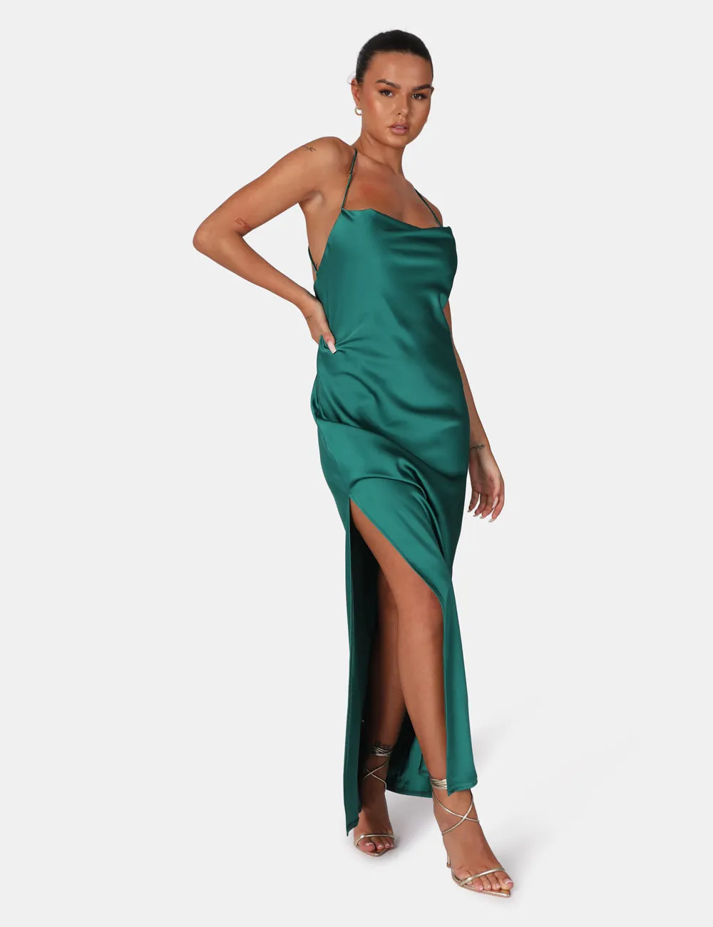 Split Hem Cowl Neck Cross Back Maxi Dress Emerald Green