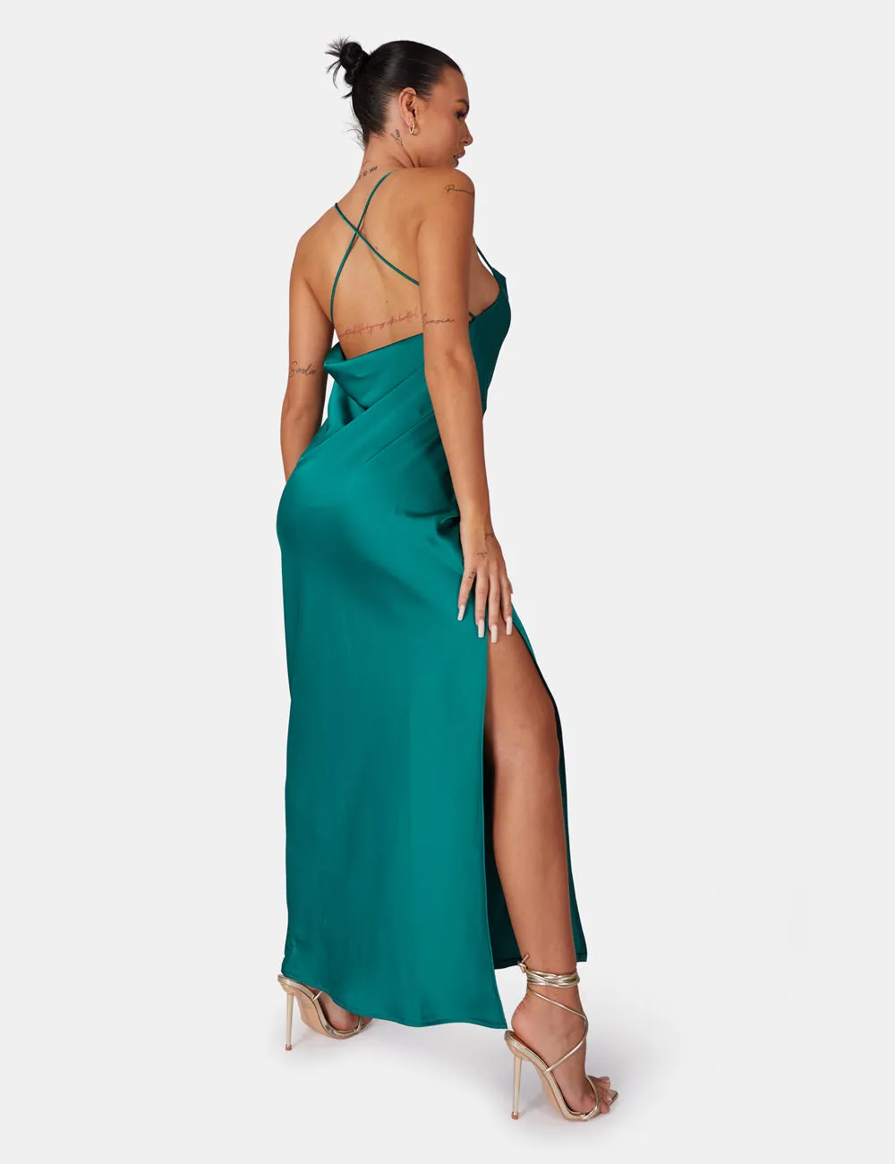 Split Hem Cowl Neck Cross Back Maxi Dress Emerald Green