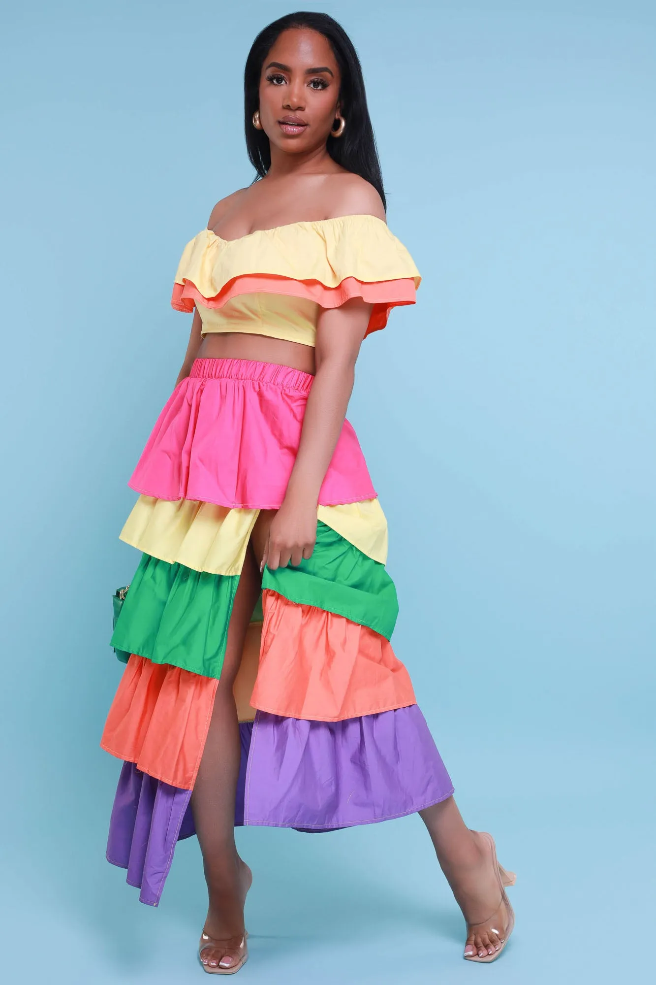 Stay Cute Off Shoulder Cropped Layered Skirt Set - Yellow Multicolor