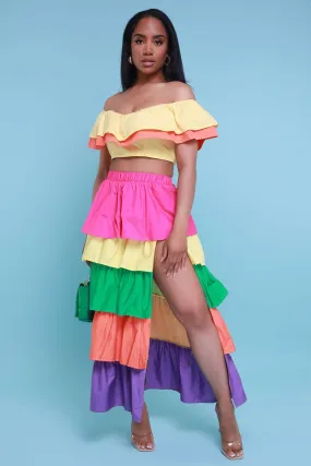 Stay Cute Off Shoulder Cropped Layered Skirt Set - Yellow Multicolor