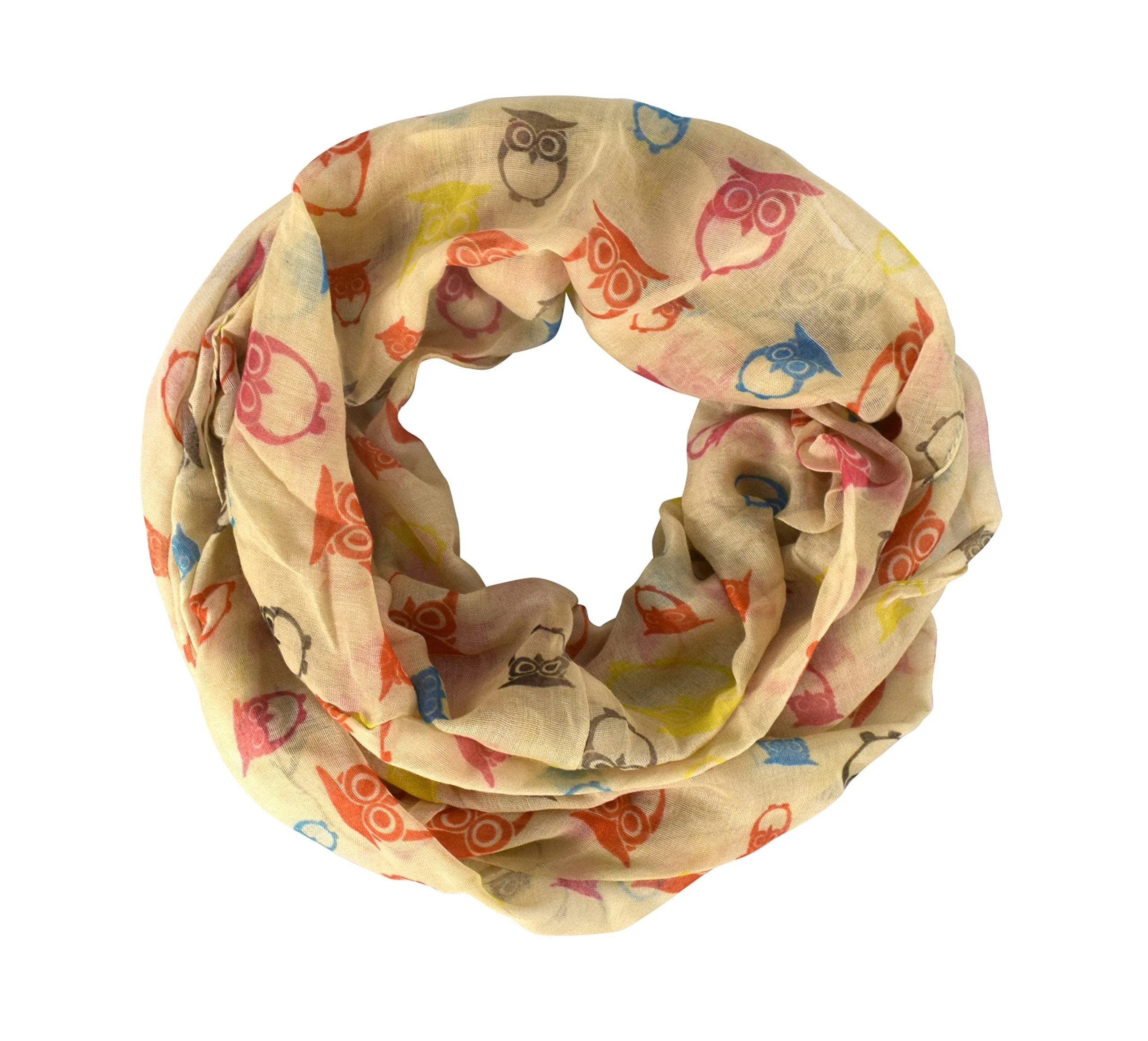 Tan Soft Lightweight Vintage Owl Bird Sheer Scarf Infinity Loop