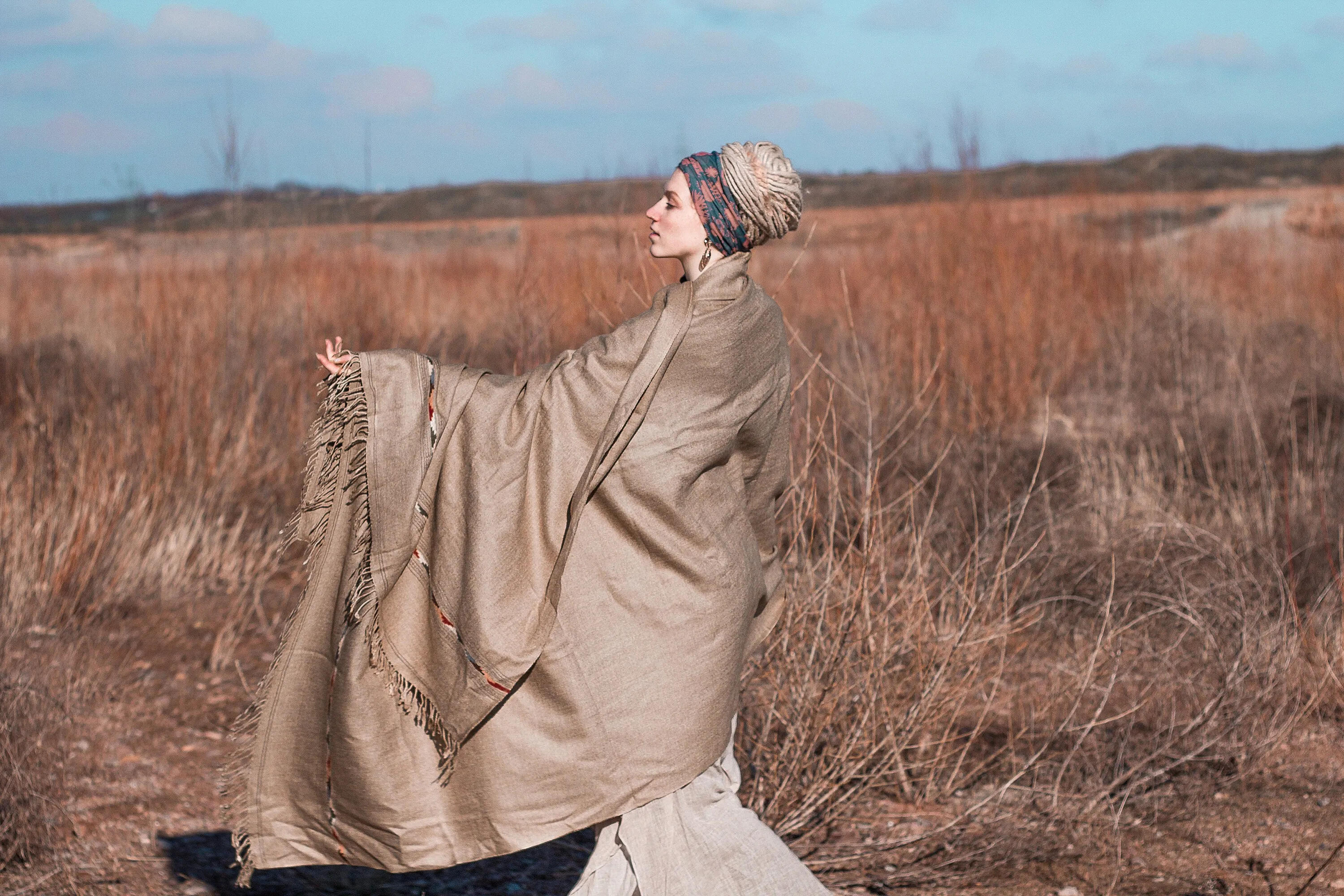 TATHAGATHA Light Brown Oversized Meditation Shawl Handwoven Pure Cashmere Wool Embroidered Blanket Handmade Winter Zen Wrap Himalayan AJJAYA