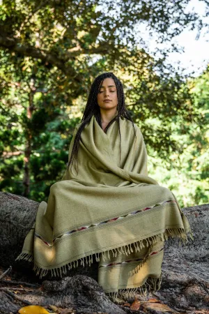 TATHAGATHA Light Green Oversized Meditation Shawl Handwoven Pure Cashmere Wool Embroidered Blanket Handmade Winter Zen Wrap Himalayan AJJAYA