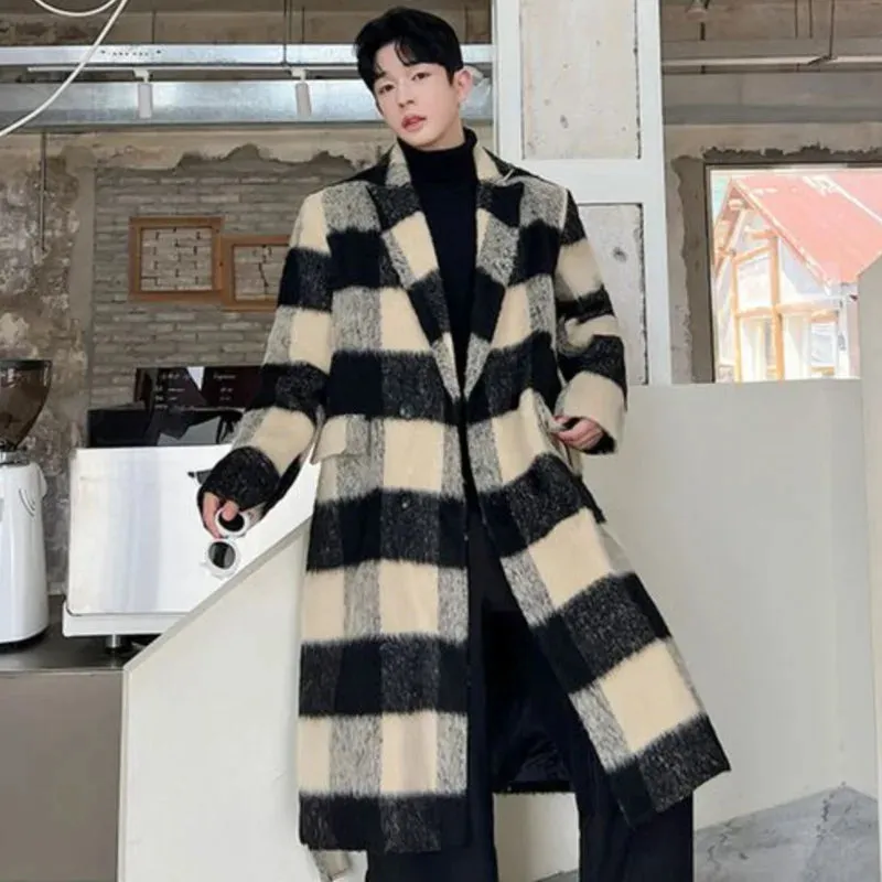 Thickened Male Woolen Coats Korean Stylish Plaid Contrast Color Turn-down Collar Knee Length Men's Trench Spring New 9C2744