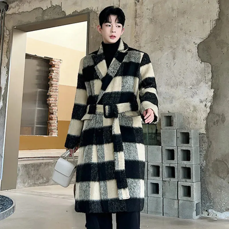 Thickened Male Woolen Coats Korean Stylish Plaid Contrast Color Turn-down Collar Knee Length Men's Trench Spring New 9C2744