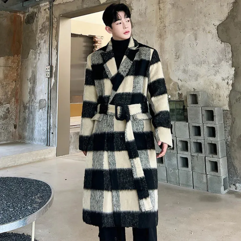 Thickened Male Woolen Coats Korean Stylish Plaid Contrast Color Turn-down Collar Knee Length Men's Trench Spring New 9C2744